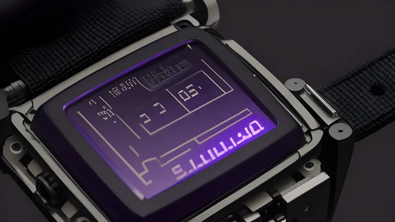 An invented slim fitness band body cutaway showing a small screen strip and a coin battery cell