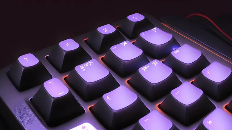 An invented mechanical keyboard switch macro, its spring and stem exposed beside a cluster of keycaps