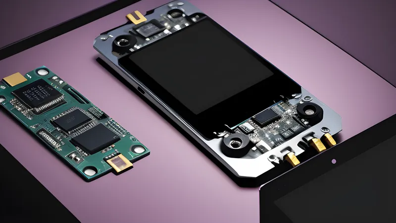 An invented phone slab floating exploded into its display panel, battery slab and camera module layers