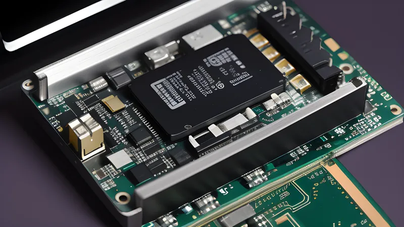 An invented portable SSD shell exploded into its NAND chip board and aluminium enclosure layers