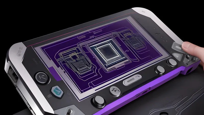 An invented handheld console body cutaway showing a small screen, d-pad mechanism and battery cell