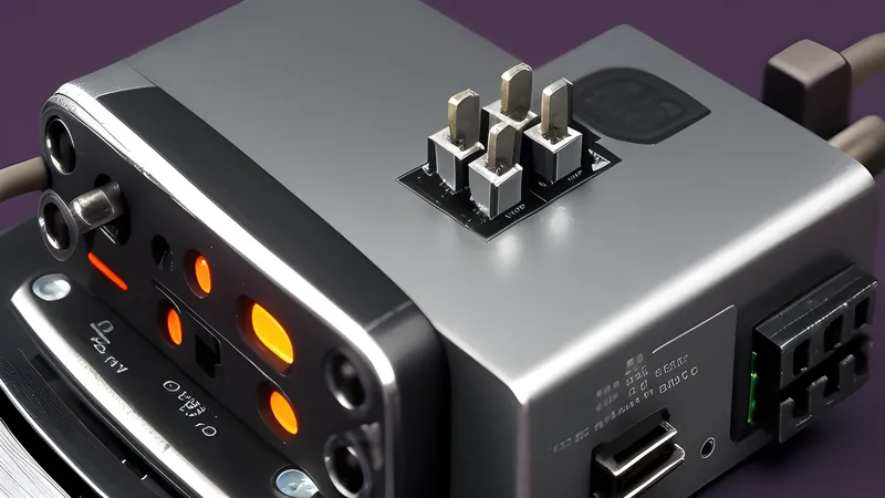 An invented smart plug body cutaway revealing a relay switch and a glowing status indicator, no antenna visible