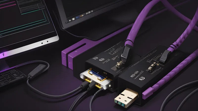 An invented braided USB-C cable coiled with a glowing connector tip and a bundle of internal wires visible beneath