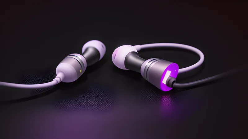 An invented in-ear earbud pair trailing a braided cable into a glowing USB-C connector tip