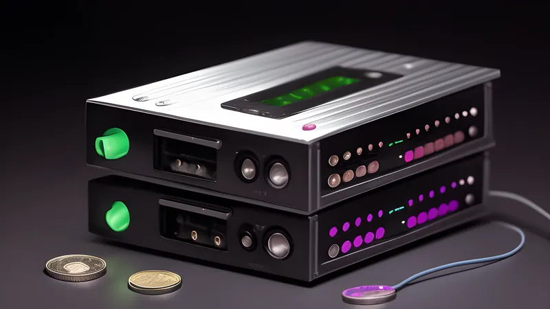 An invented earbud pair floating above a stack of coin-sized battery cells and driver discs