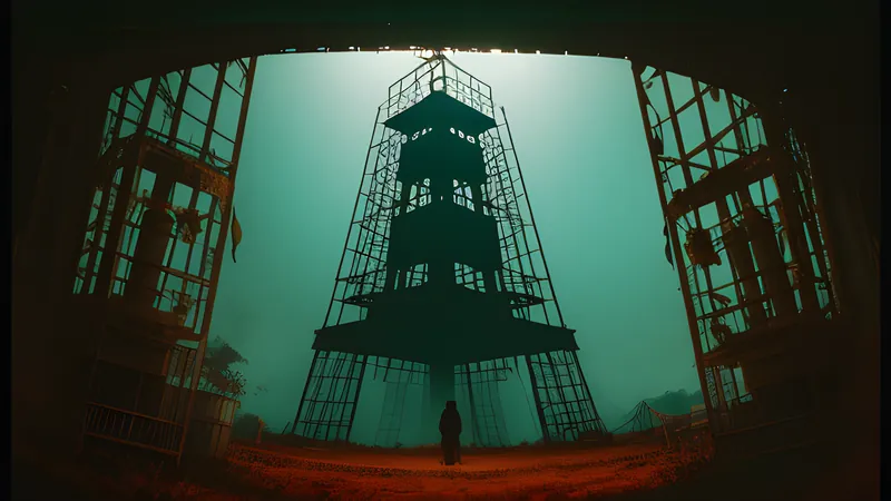 A repertory-cinema poster: a vast wooden mill tower turning in jungle heat, teal and amber, projector light through smoke, heavy grain