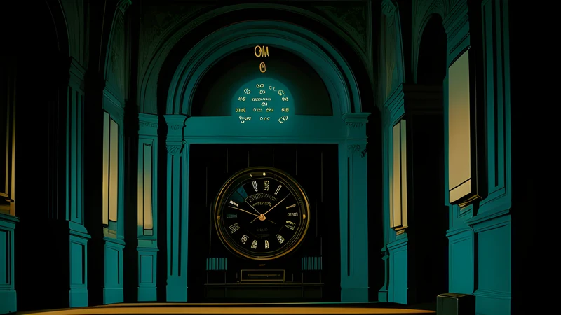 A vast lobby clock with a small human figure standing inside its mechanism