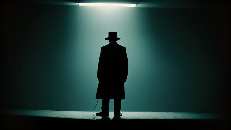 A lone figure standing in a hard spotlight, surrounded by total black void