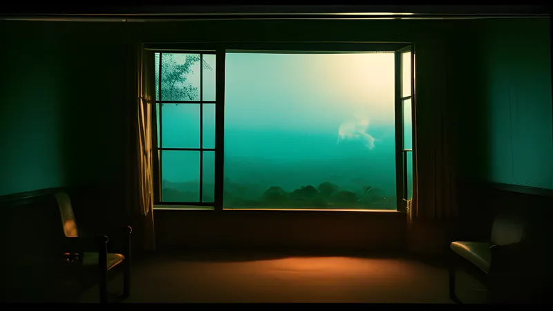 A repertory-cinema poster: barred jungle windows and a watchtower under heat haze, teal and amber, projector light through smoke