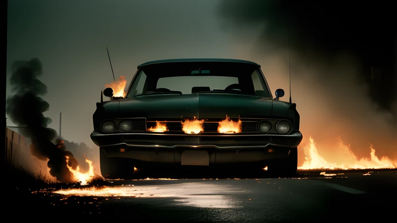 A car burning on a quiet suburban driveway at night, teal and amber repertory poster style