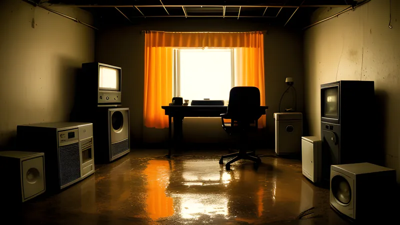 A cluttered basement floor scattered with strange glowing trinkets, rendered in warm CRT amber glow