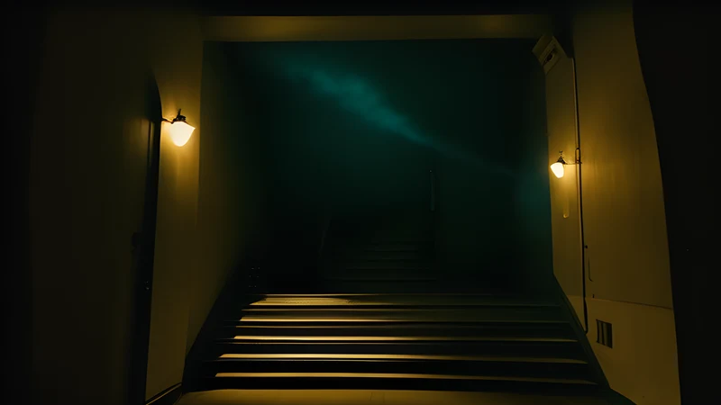 A stark art-deco staircase inside a modernist fortress, lit in hard shadow