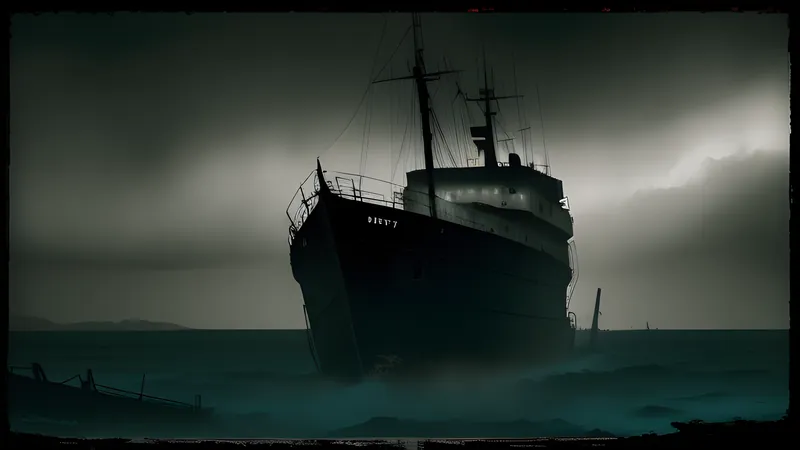 A vast dark maelstrom in deep space with a derelict ship poised at its lip