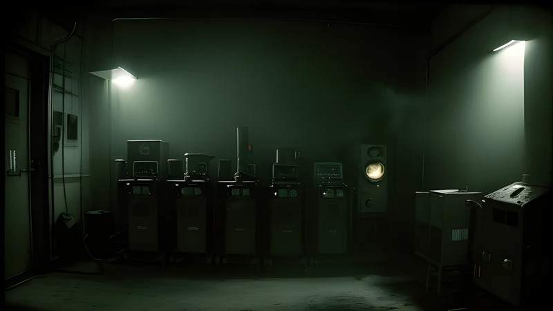 The boiler room of a snowbound convent, a furnace door glowing in the dark