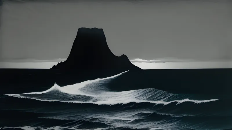 A vast pale sonar waveform arcing across black deep-ocean water with a distant iceberg silhouette