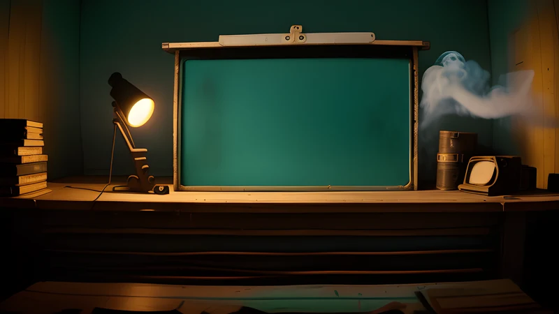 A suburban house at night reduced to a floor plan on a ledger page, teal and amber light, projector beam through smoke