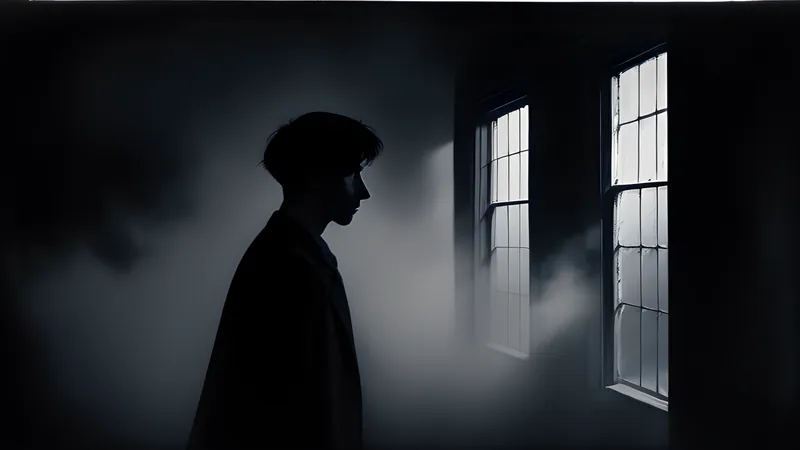 A gaunt Victorian rectory in silhouette with a single figure at a lit upstairs window at night