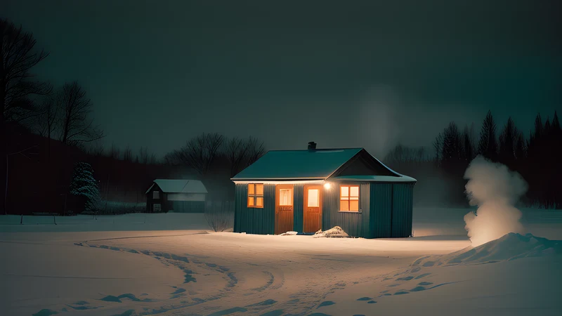 A snowbound retreat at night with a single lit outbuilding among dark trees