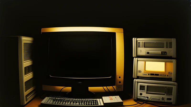 A wire rack of ten cheap cassette games under warm amber CRT light, spines catching the phosphor glow