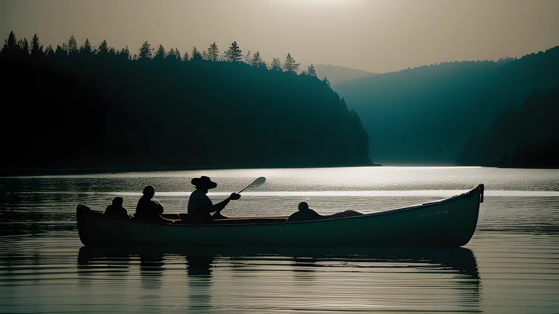 An empty canoe drifting on a still summer lake at dusk, a pair of garden shears lying in the hull