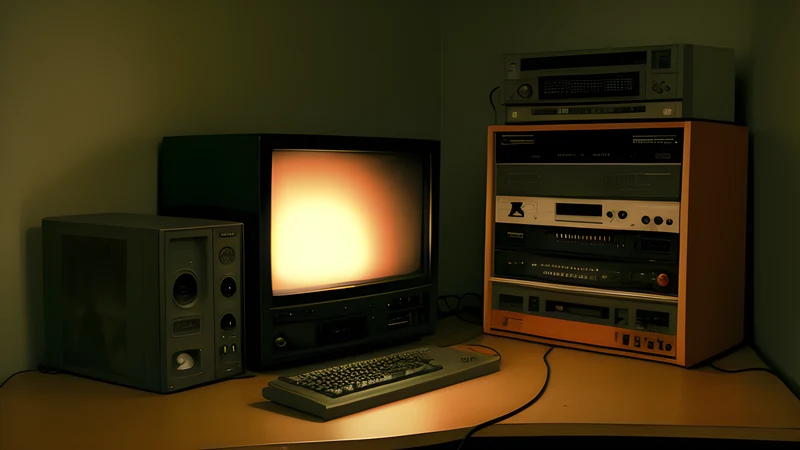Fifteen cassette spines racked in a row under warm amber CRT light, labels catching the glow