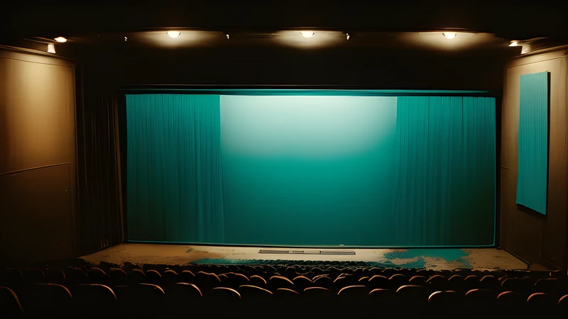A painted set of impossible leaning walls and jagged black shadows lit by projector light