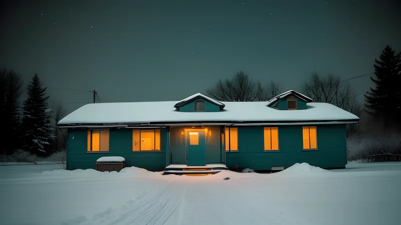 A snow-buried roadside motel with one lit window under a frozen night sky