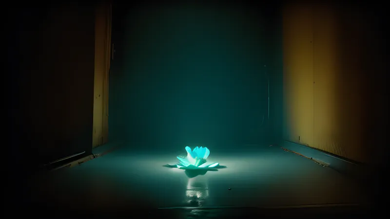 An iris flower crushed on a lift floor, lit in teal and amber with deep shadows