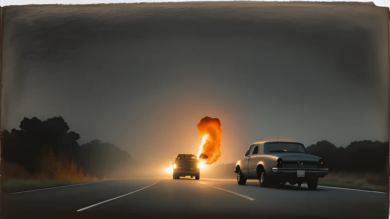 A diamond-shaped fiery craft hovering over a dark Texas road, ringed by helicopter silhouettes, a stopped car below