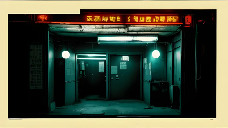 A neon-drenched Kowloon alley of dripping signage and shuttered steel doors, teal and amber film-noir poster