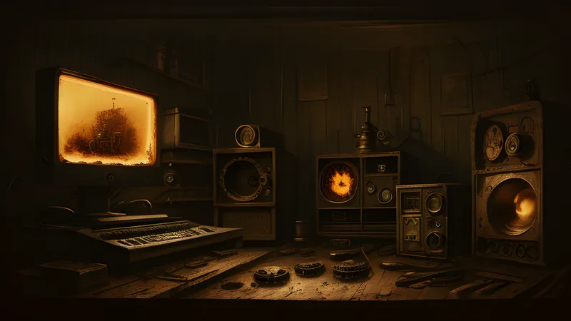 Brass gears and valve clusters glowing through phosphor bloom and scanlines in amber