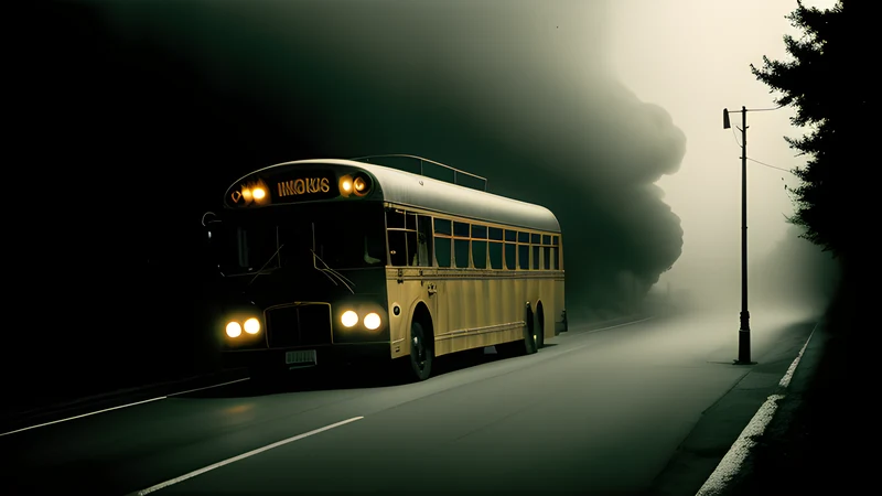 An empty yellow school bus stopped on an empty country road, swallowed in thick yellow fog