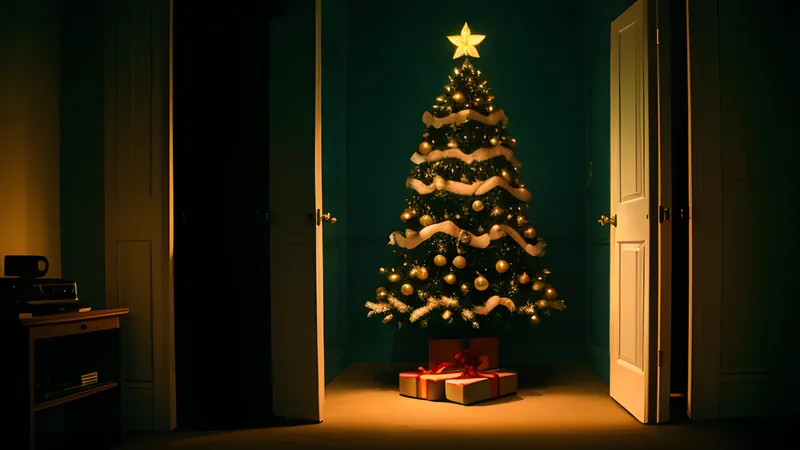 A decorated Christmas tree glowing in a dark living room with a shadowed figure standing in the doorway