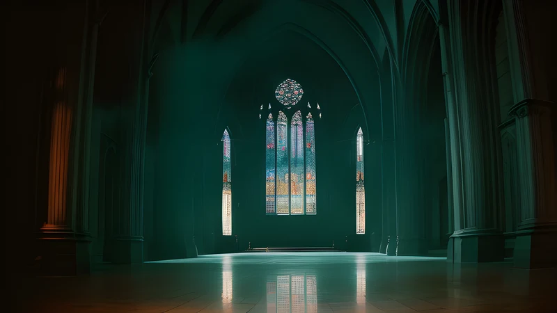 The interior of a Gothic cathedral lit from above, with a great sealed stone set into the flagstone floor, rendered as a grainy repertory poster in teal and amber