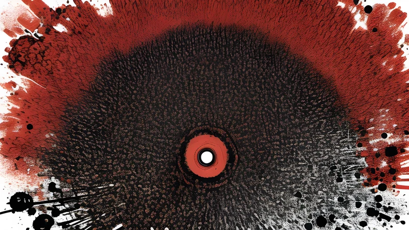 A spinning ring of moshers seen from directly above, blurred with motion, rendered as a crimson ink vortex on grit