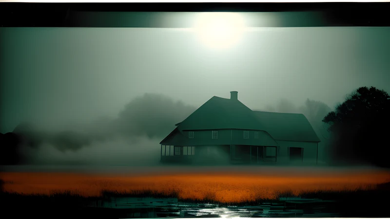 A fog-drowned New England village square under a single lamp, rendered as a repertory cinema poster in teal and amber