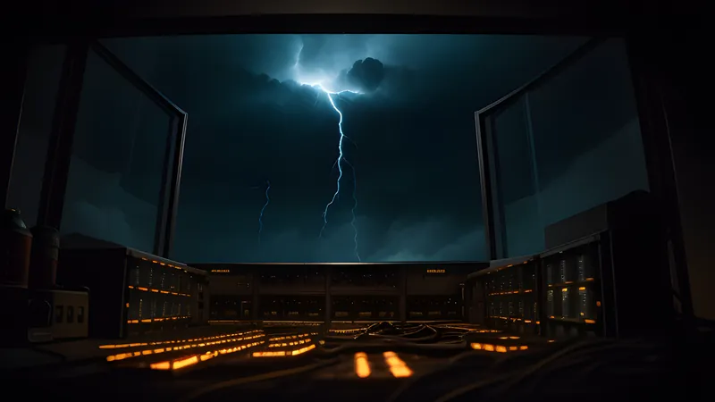 A distant server rack glowing inside a stylised storm cloud, a clock gear turning within