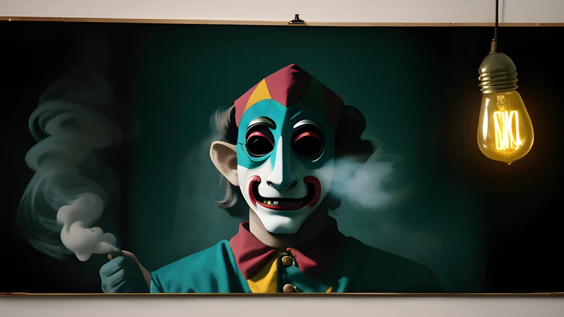 A grinning theatrical mask half-lit in amber, half in teal, hanging in projector smoke, repertory cinema poster styling with heavy grain