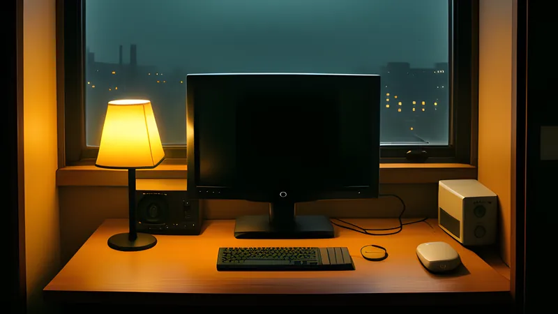 A home computer glowing at a desk in a lamplit European apartment window at dusk