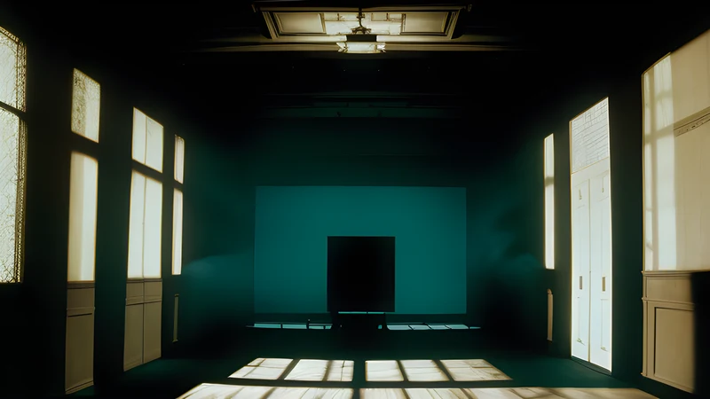A vast marble hall of fascist architecture throwing long hard shadows