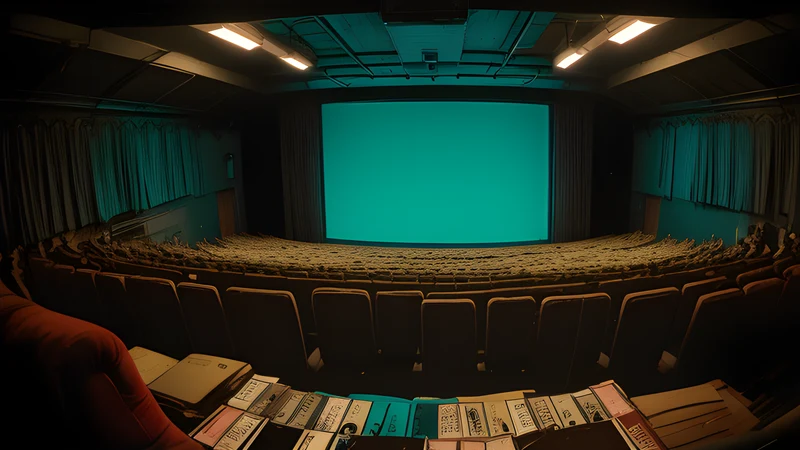 An empty director's chair under a bare bulb on a bare stage, teal and amber, projector haze