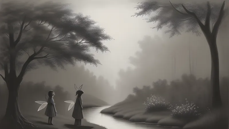 Two girls in a garden beside a stream with cut-out paper fairies, in sepia tones