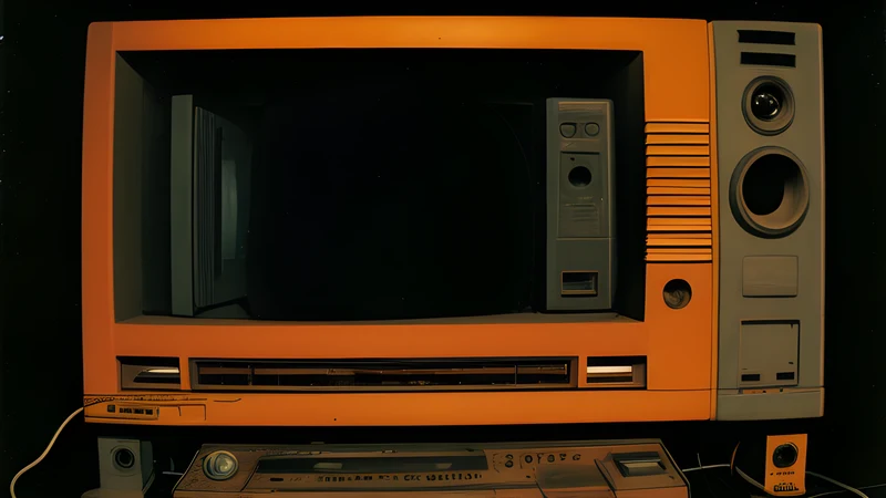 A games magazine on a rack with a cassette taped to its cover, warm amber light and heavy grain