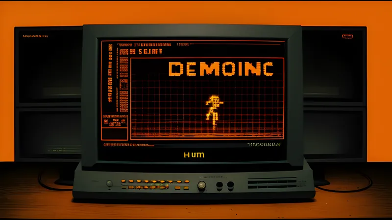 A scrolling demoscene greeting bouncing across a CRT screen in amber phosphor glow