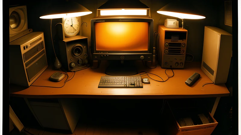 A workbench covered in identical components beneath a ticking clock, amber CRT glow and scanlines