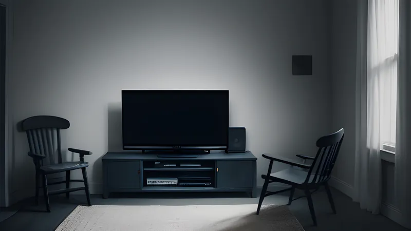 A static-filled television glowing in a dark suburban living room with chairs stacked into a tower