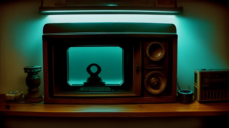 Repertory cinema poster in teal and amber: a small ornate box on a bare table, lit by a projector beam through drifting smoke.