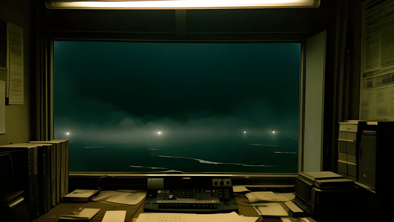 A newsroom window looking onto a fog-drowned river, in teal and amber repertory-poster light