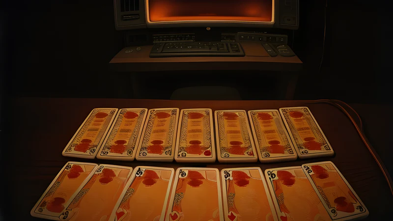 A deck of cards cut into ten neat piles on a dark surface under warm amber CRT light