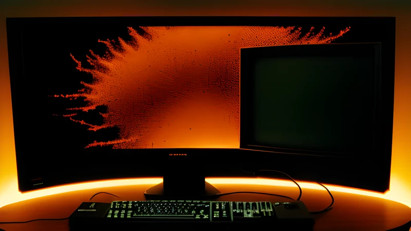 Geometric plasma rippling over a horizon of copper bars, glowing in CRT orange and amber.